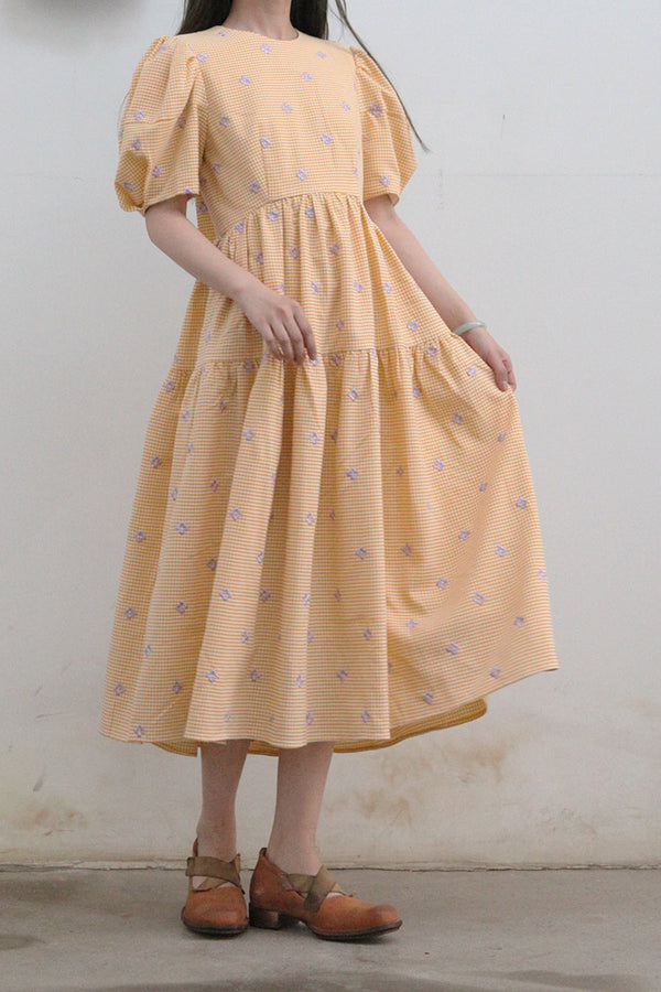 MING MA embroidered puff sleeve dress AW21-DR09-YWPR